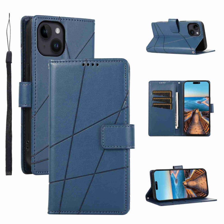 For iPhone 14 PU Genuine Leather Texture Embossed Line Phone Case in black with card slots and wrist strap, showcasing its stylish design and functionality.
